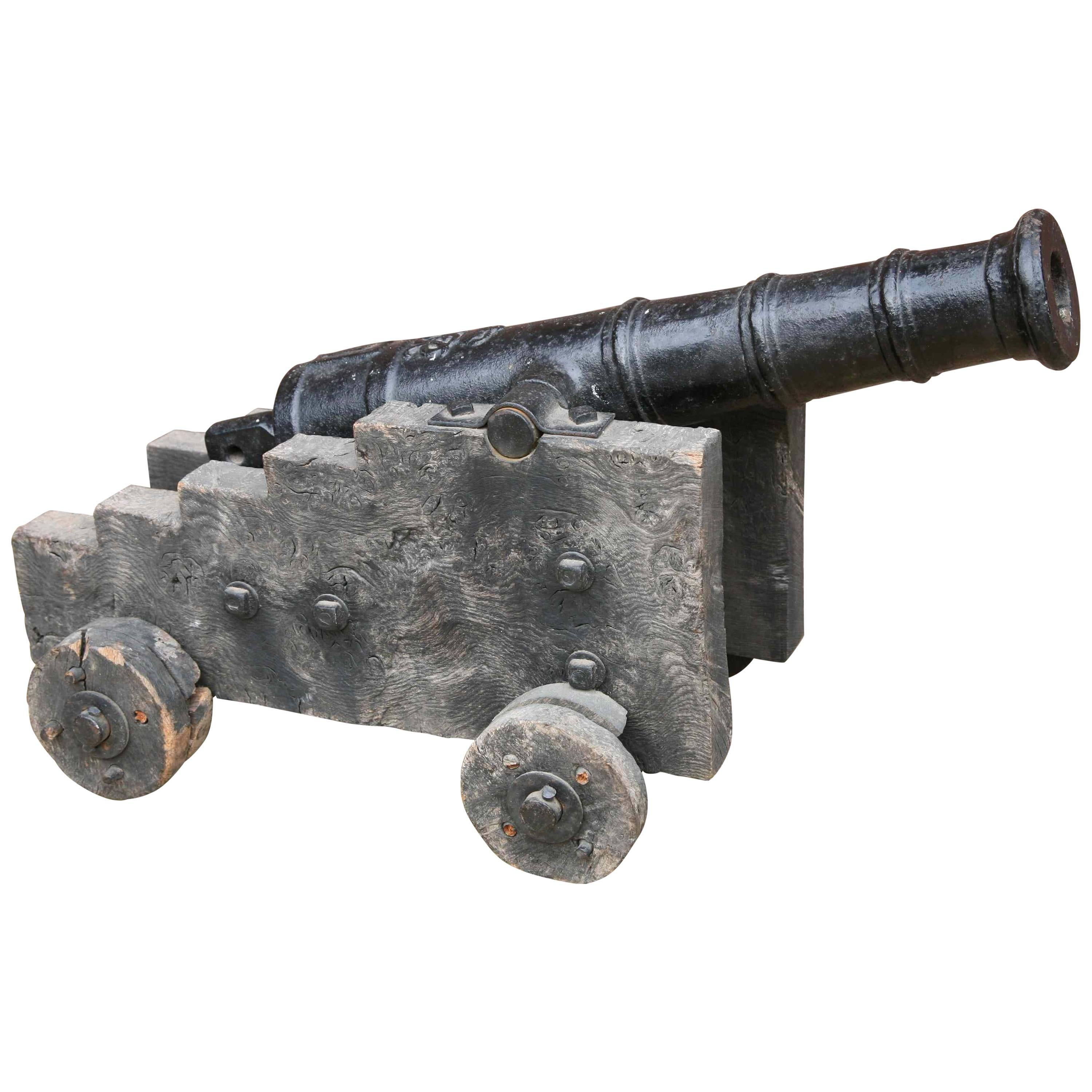 George III Cast Iron Cannon on Elm Carriage Royal G R Initials, England For Sale