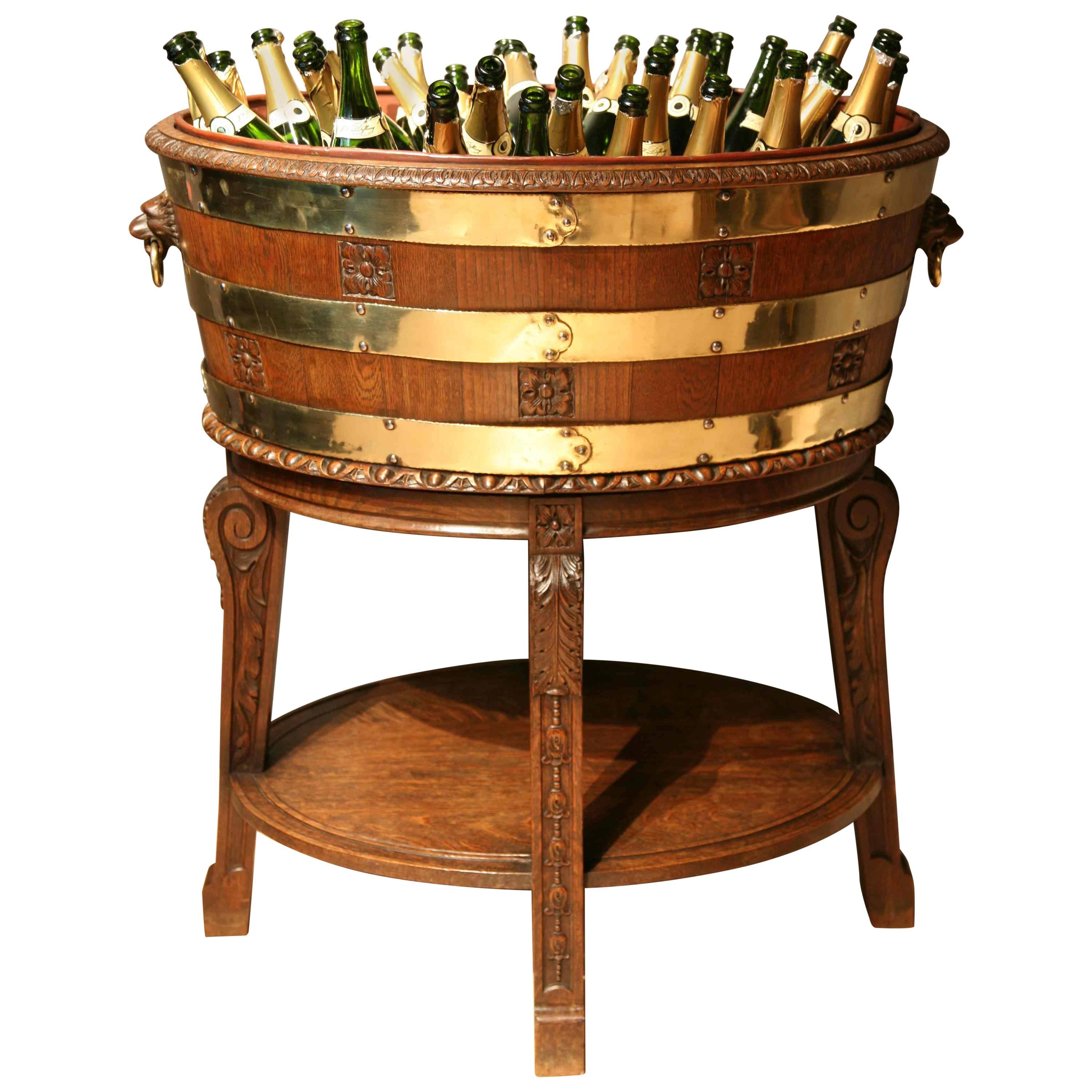 Large Brass Branded Oak Wine Cooler or Planter England, circa 1860 For Sale