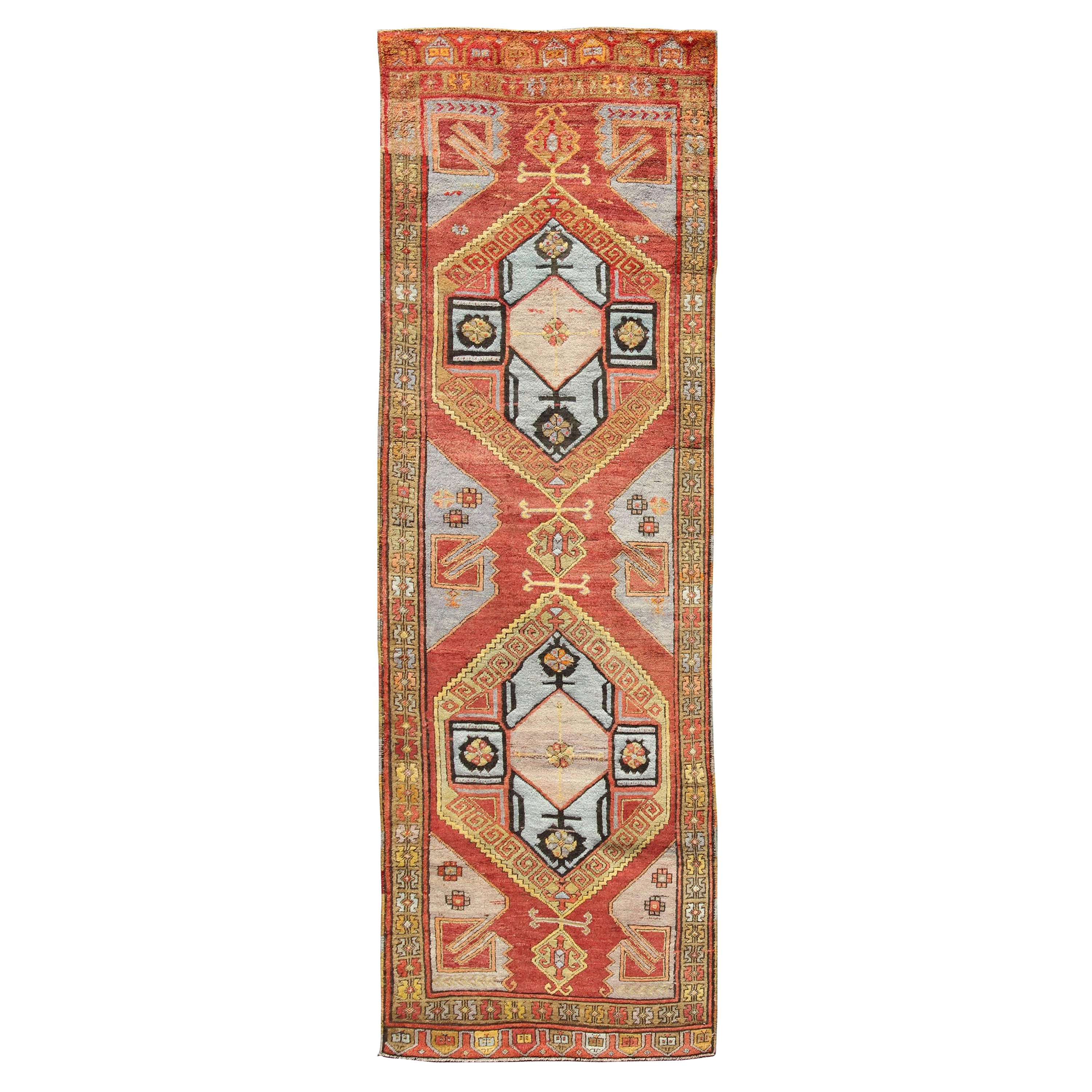 Long Vintage Turkish Oushak Gallery Runner With Geometric Medallions    For Sale