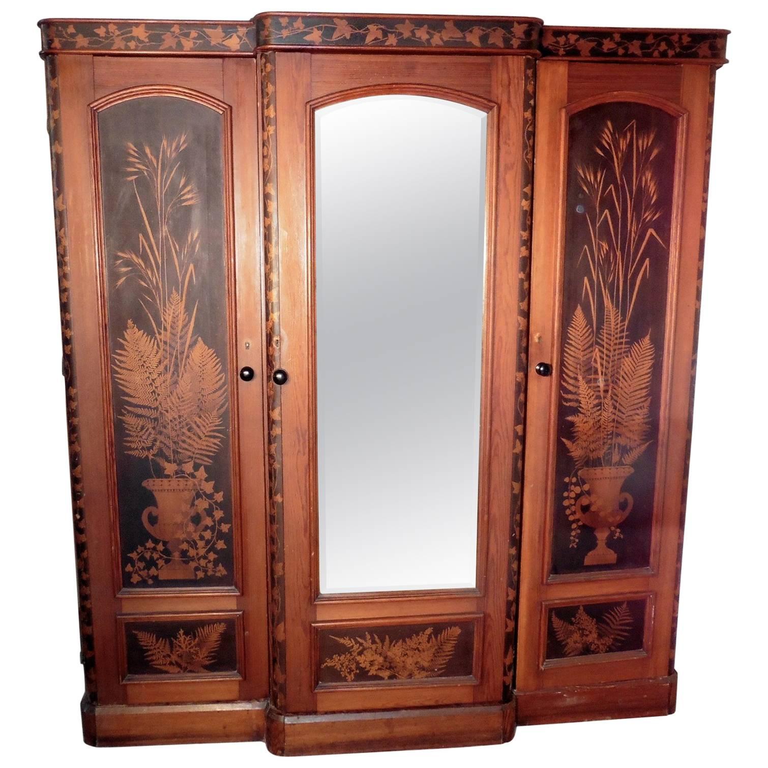 Victorian Painted Pine Arts & Crafts Wardrobe Decorated with Ferns and Leaves