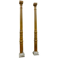 Pair of 19th Century Antique Wooden Corinthian Columns, Carved and Painted
