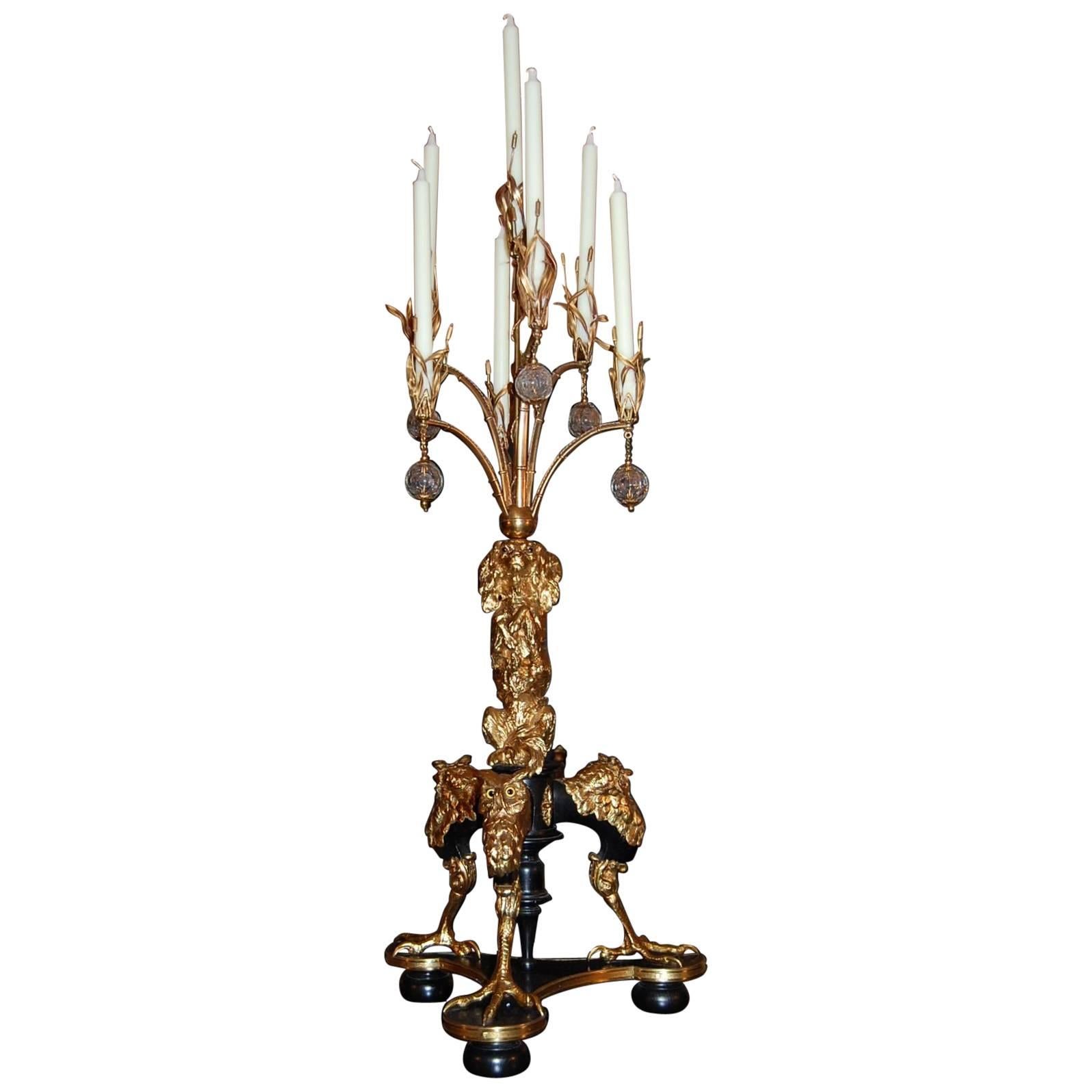 Early 19th Century Large Gilt Brass and Wood Candelabra with Glass Balls For Sale