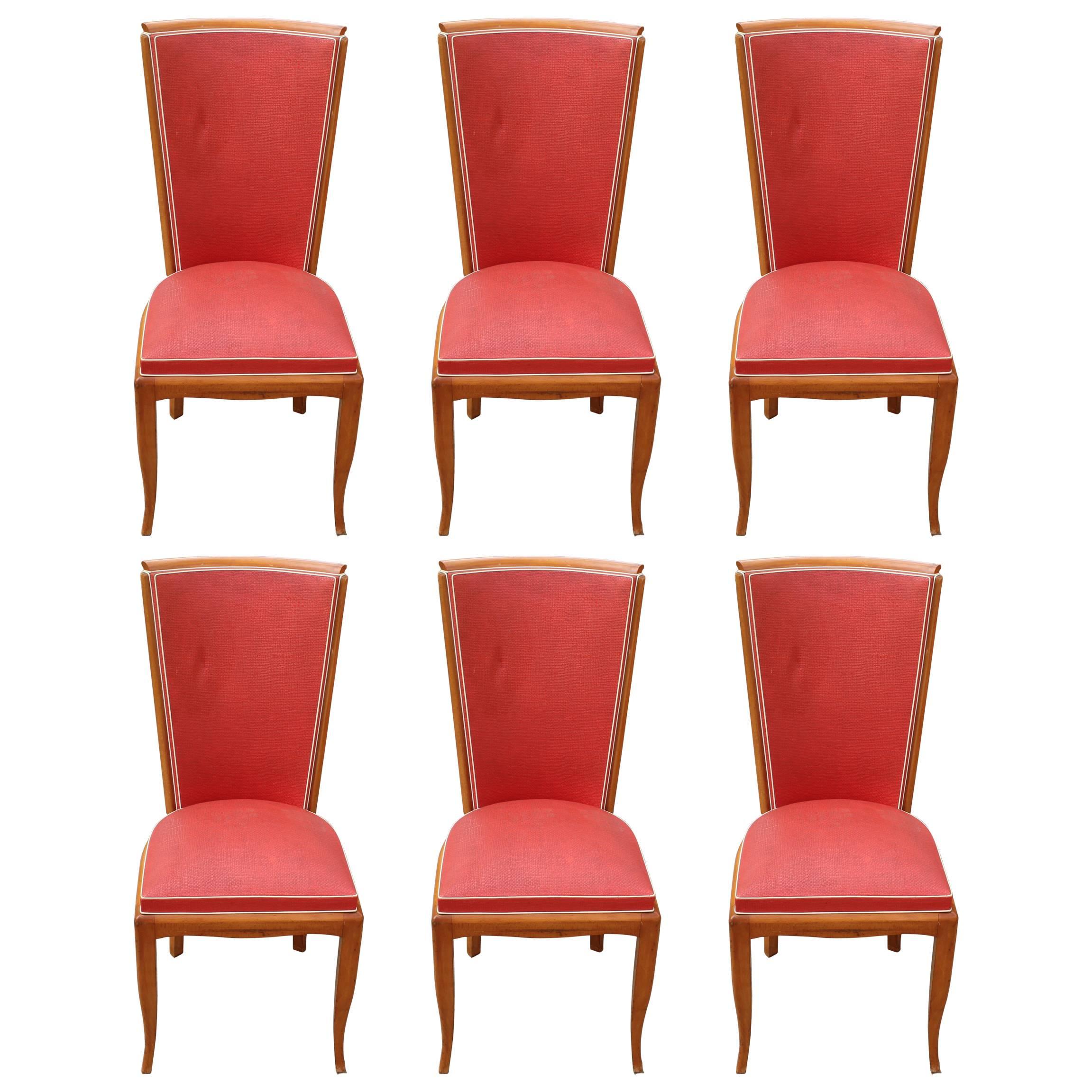 Suite of Six French Art Deco Dining Chairs Mahogany, circa 1940