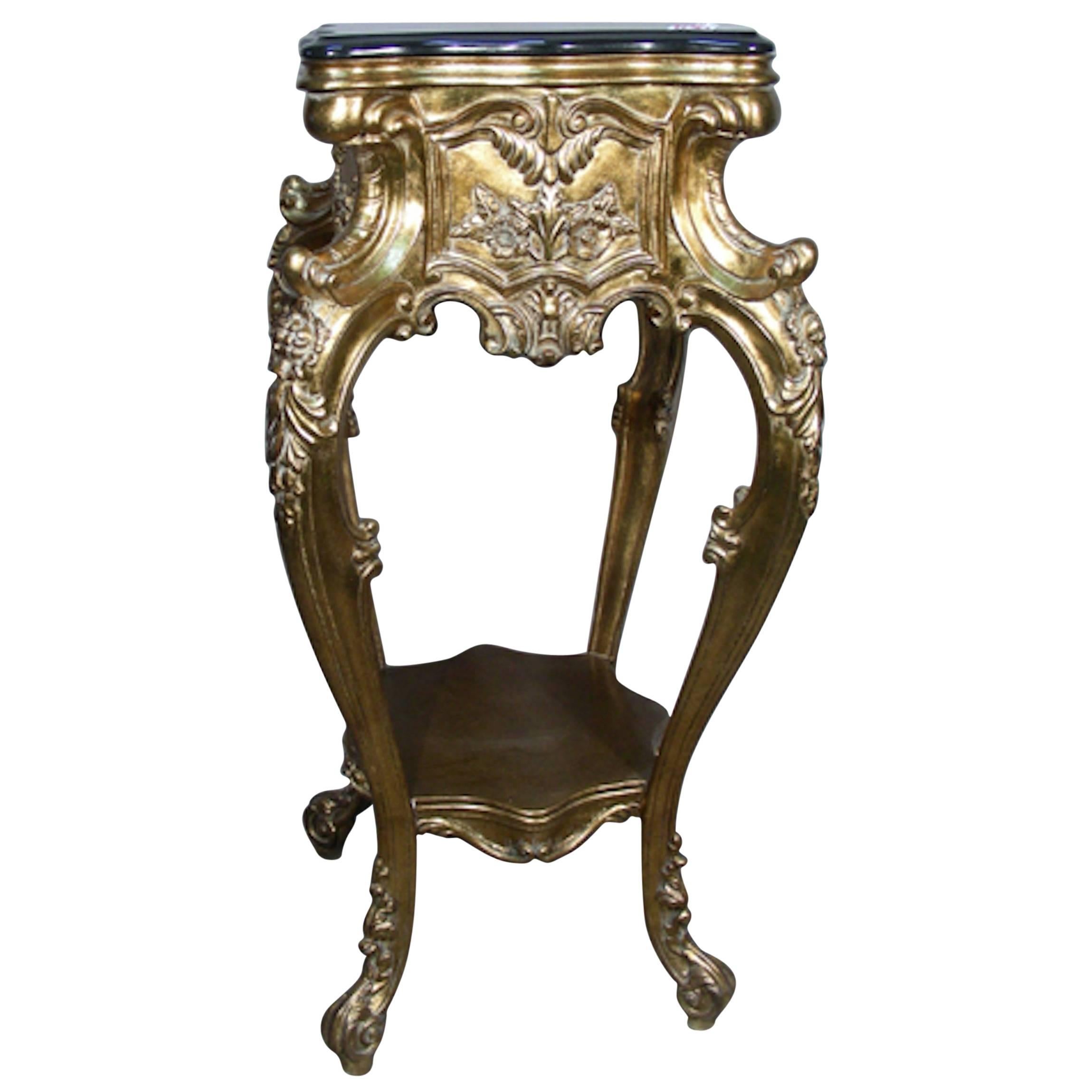 19th Century Carved Gilt Pedestal with Ornate Carving and Black Marble-Top For Sale