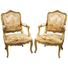 French Provincial Giltwood Tapestry Armchair, Pair