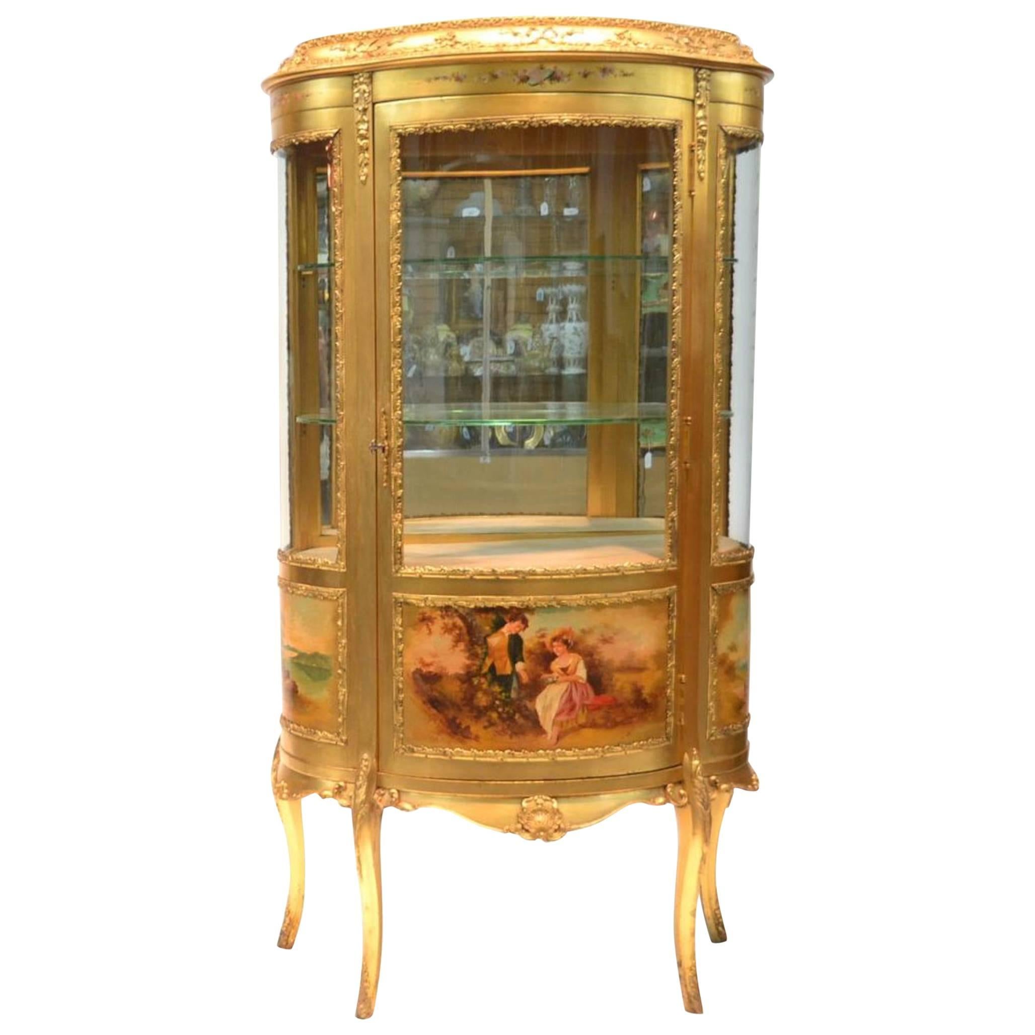 Large Vernis Martin curved glass Gilt Curio Cabinet