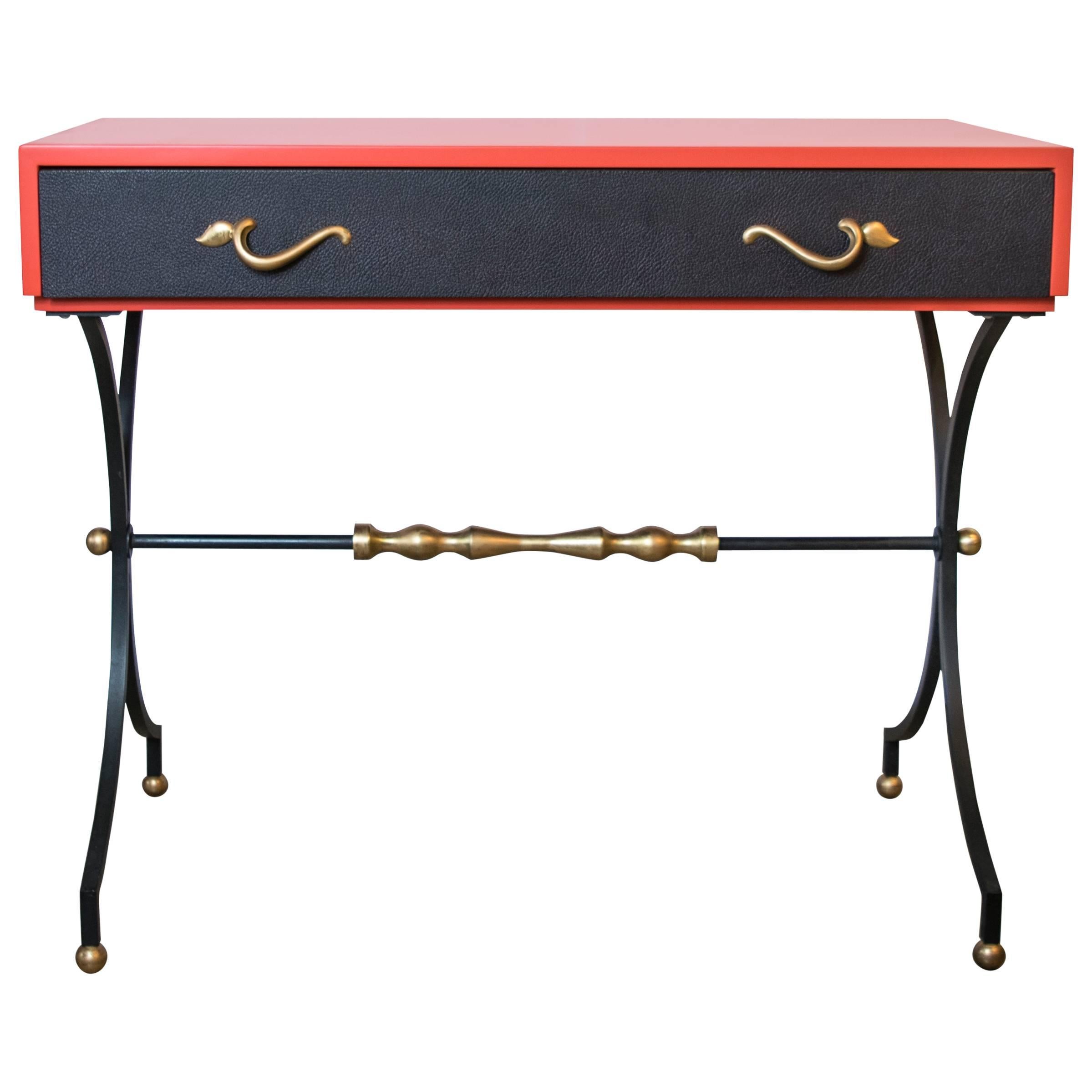 Wrought Iron, Brass and Leather Secretary Desk by Mallin Furniture For Sale