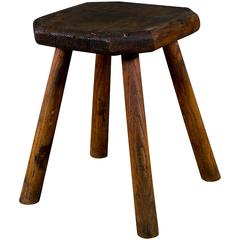 Primitive Hand-Carved Rustic Oak Stool with Four Legs and Octagonal Top