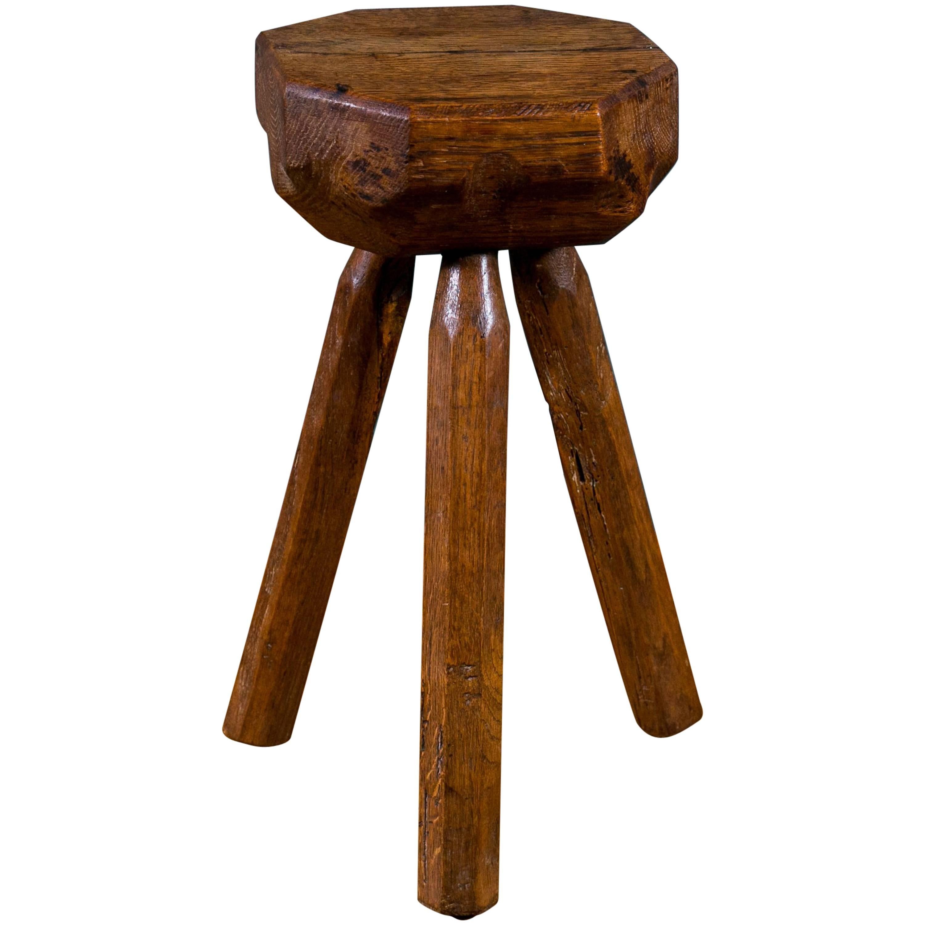 Small Hand-Carved Oak Stool from Belgium, circa 1940