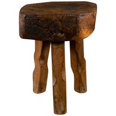 Primitive and Rustic Hand-Carved Wooden Stool or Side Table with Three Legs