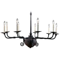Hand-Forged French Iron Chandelier with Three Arms and Nine Lights, circa 1920