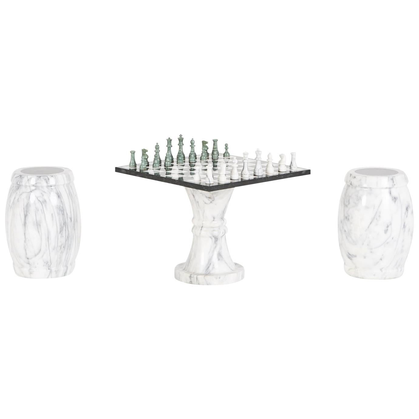 Carrera & Verde Guatemala Marble Pedestal Chess Set & Two Stools, circa 1980