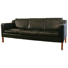 Vintage Danish Three-Seat Black Leather Sofa