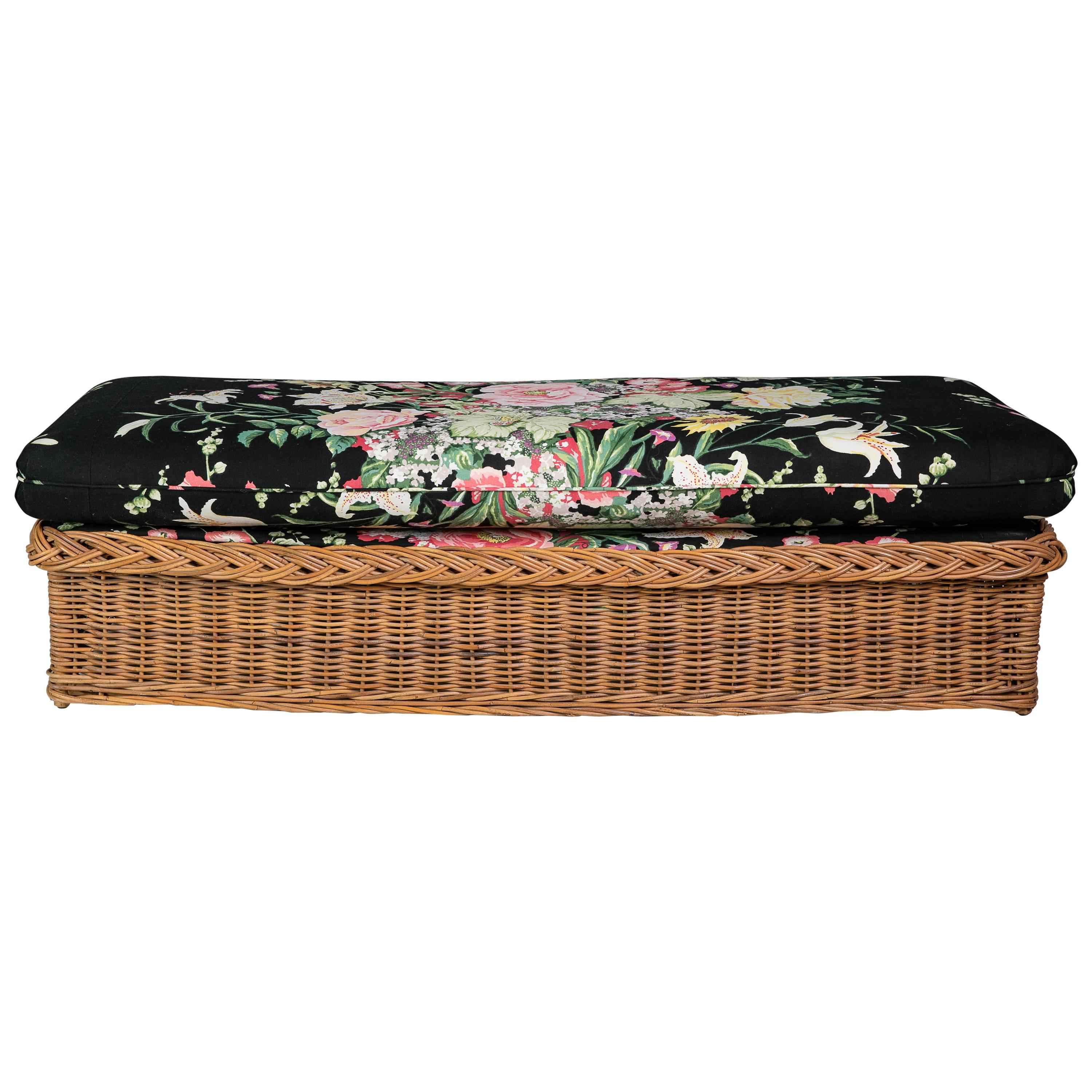  Wicker Bench with Floral Cushion, Italian Mid-Century For Sale