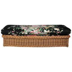  Wicker Bench with Floral Cushion, Italian Mid-Century