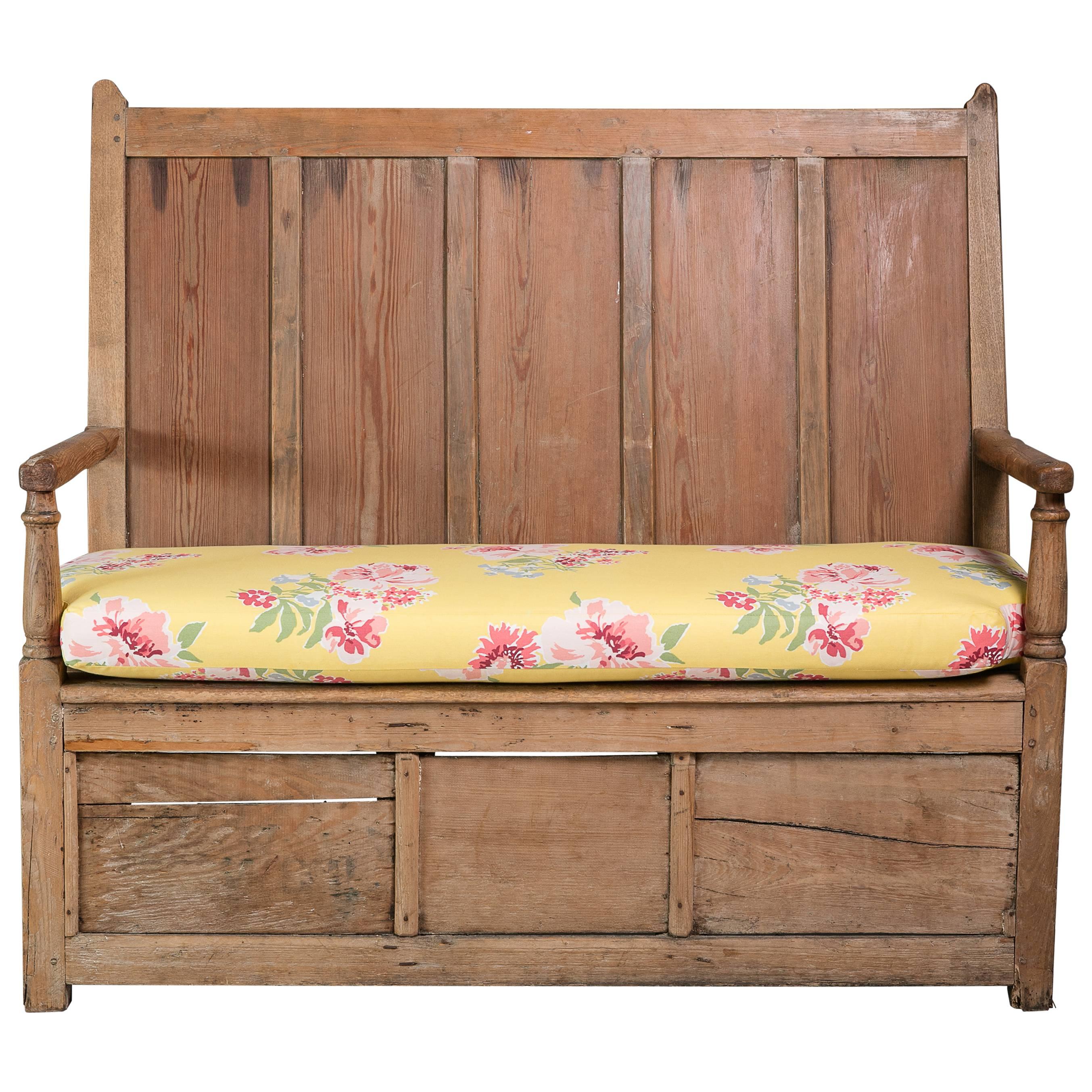 Pine Bench with Floral Cushion, 19th Century English  For Sale