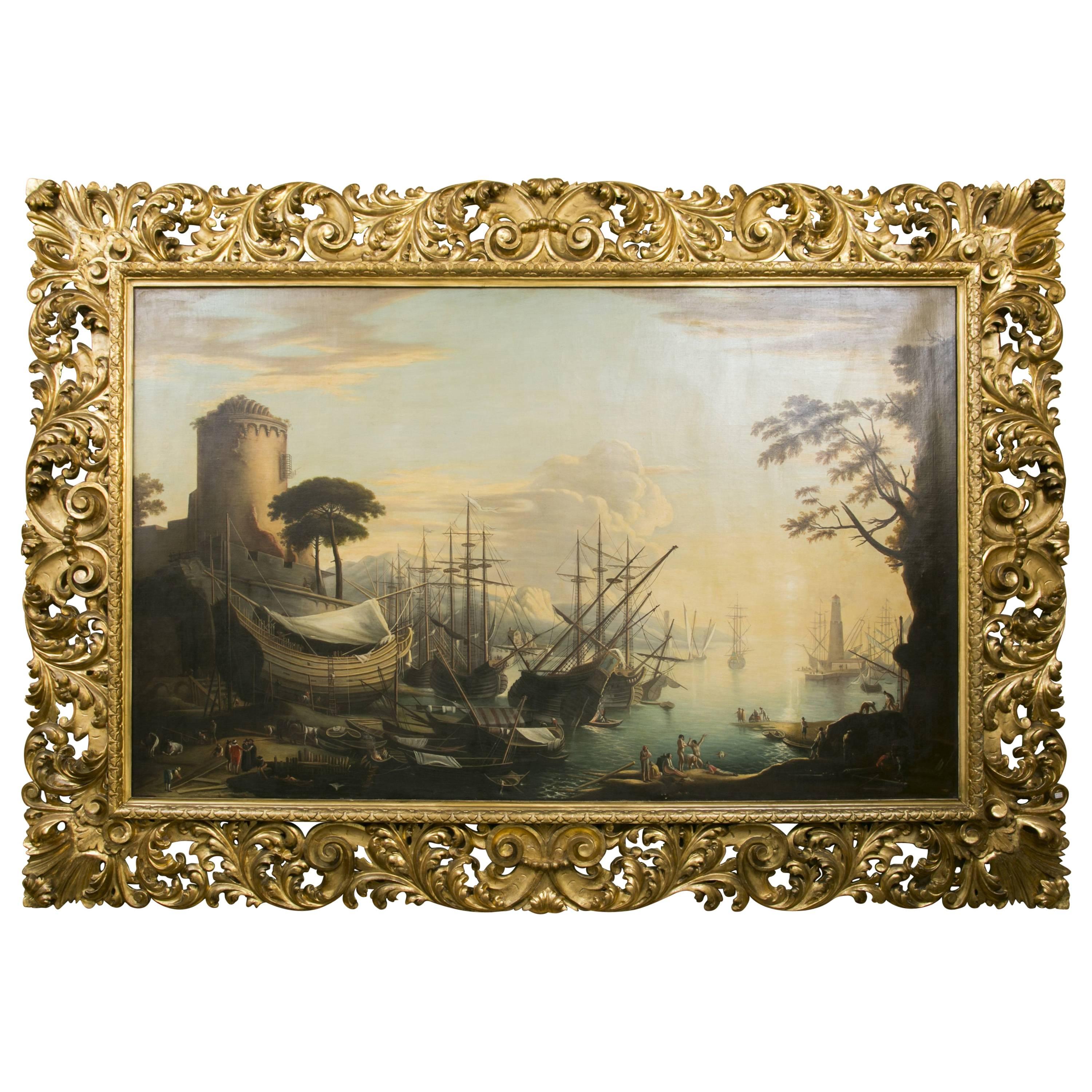 Very Large 19th Century Painting "Sailboats Docking in the Harbour" For Sale