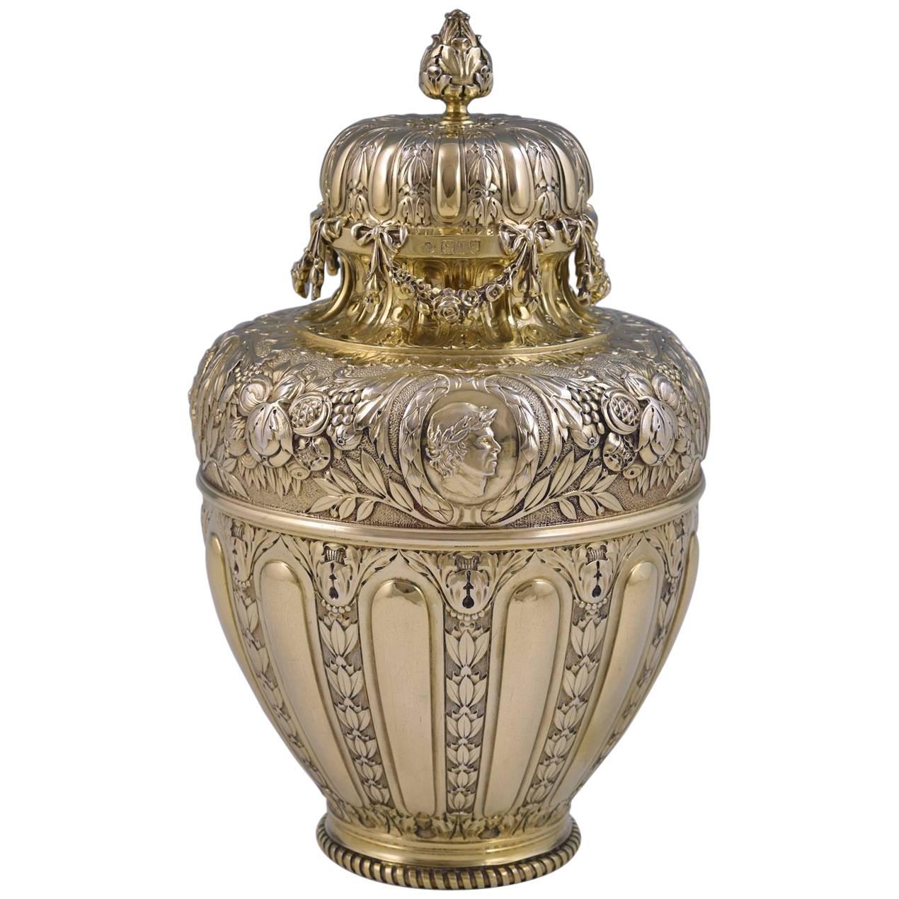 Charles II Style Chased Sterling Silver Gilt Ginger-Jar For Sale