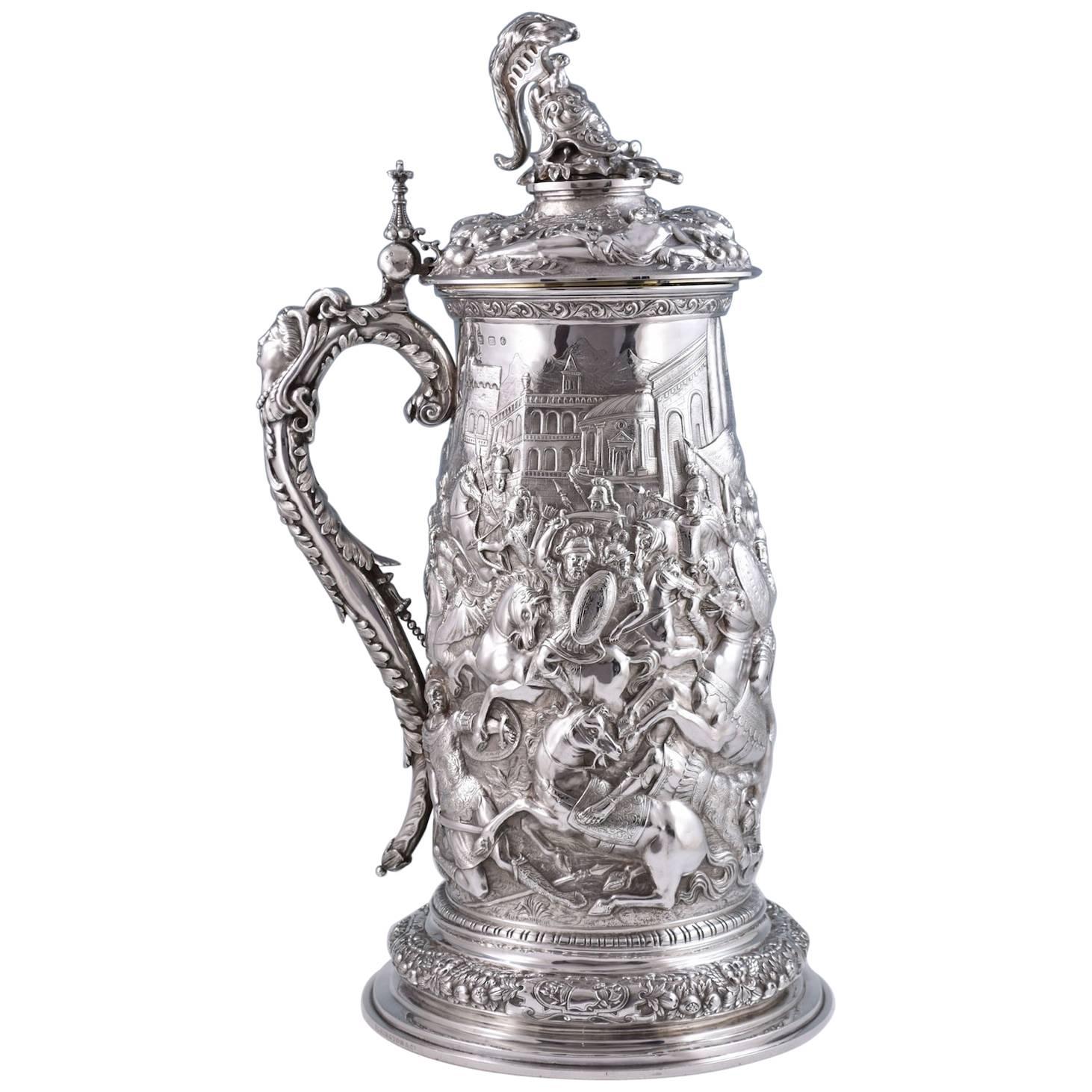 Monumental Sterling Silver Lidded Tankard by Elkington & Co. Birmingham, 1861 For Sale