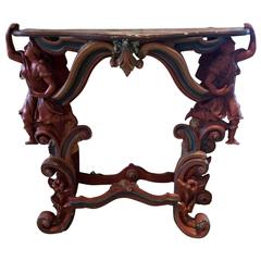 Antique Dramatic Italian Carved Wood Faux Painted Console Table