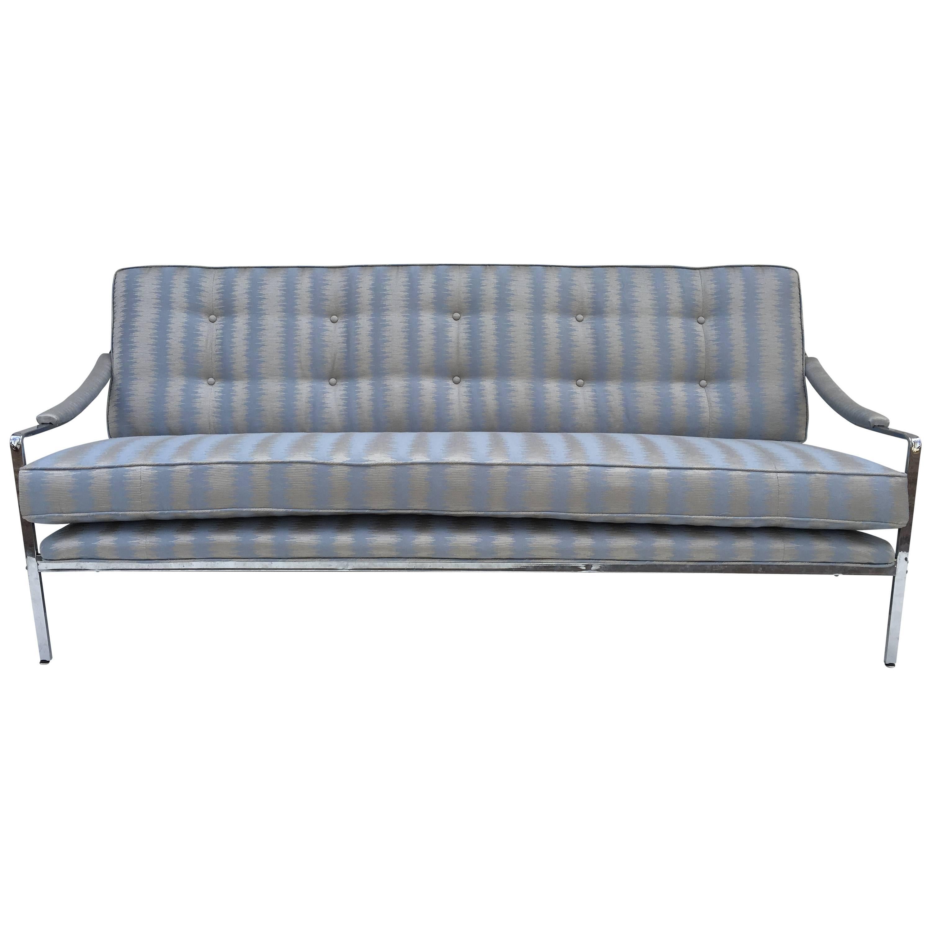 1970s Milo Baughman Style Floating Chrome Sofa in Ice Blue and Silver Fabric