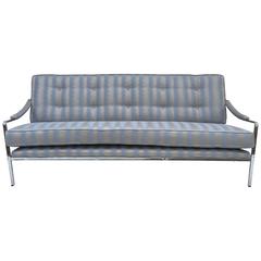 1970s Milo Baughman Style Floating Chrome Sofa in Ice Blue and Silver Fabric