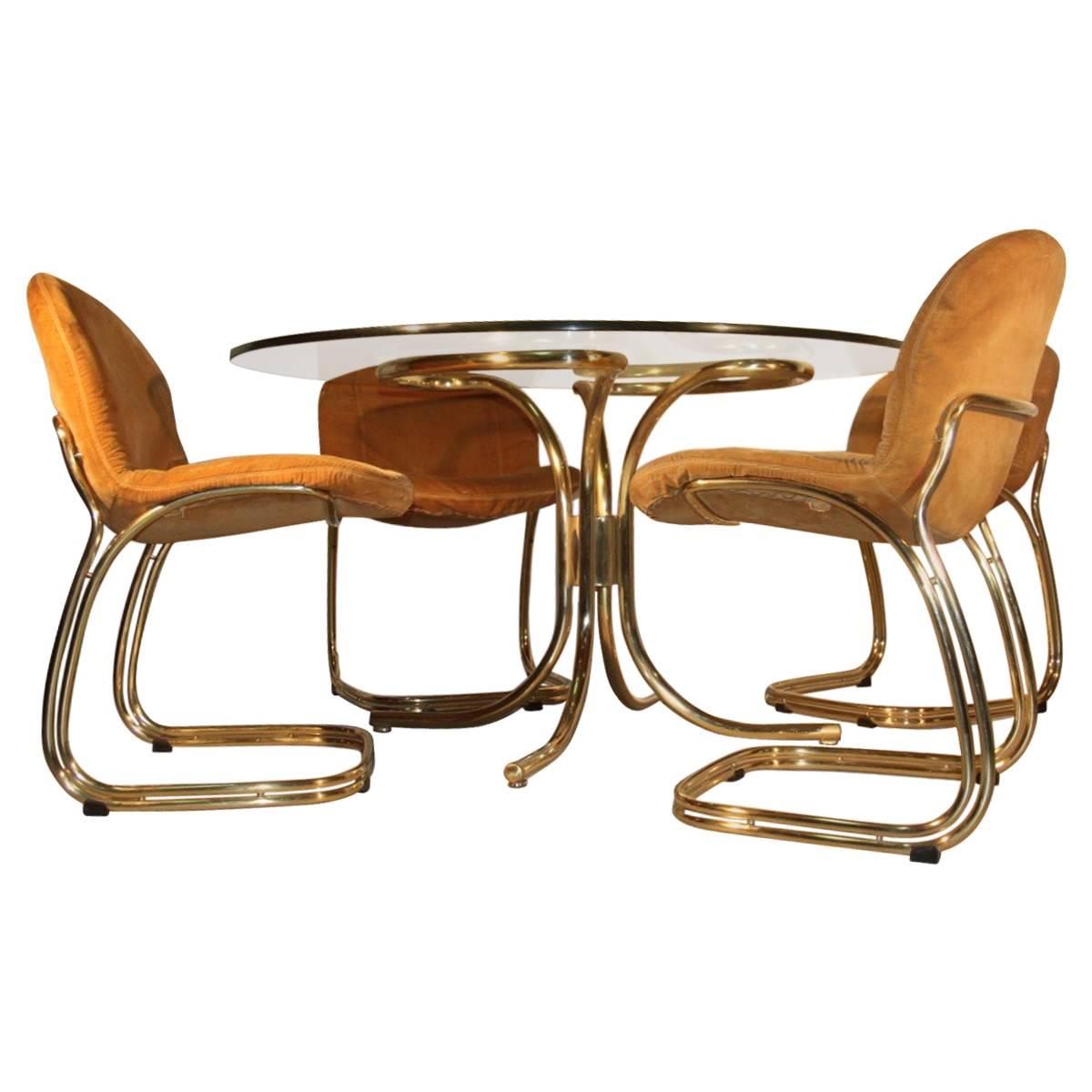 Round Gold Brass Table  Whit Chairs Gastone Rinaldi RIMA Italian Design  1970s 