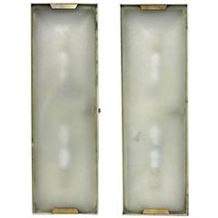 Pair of Early Stilnovo Brass and Acid Etched Glass Wall Lights Model 1139