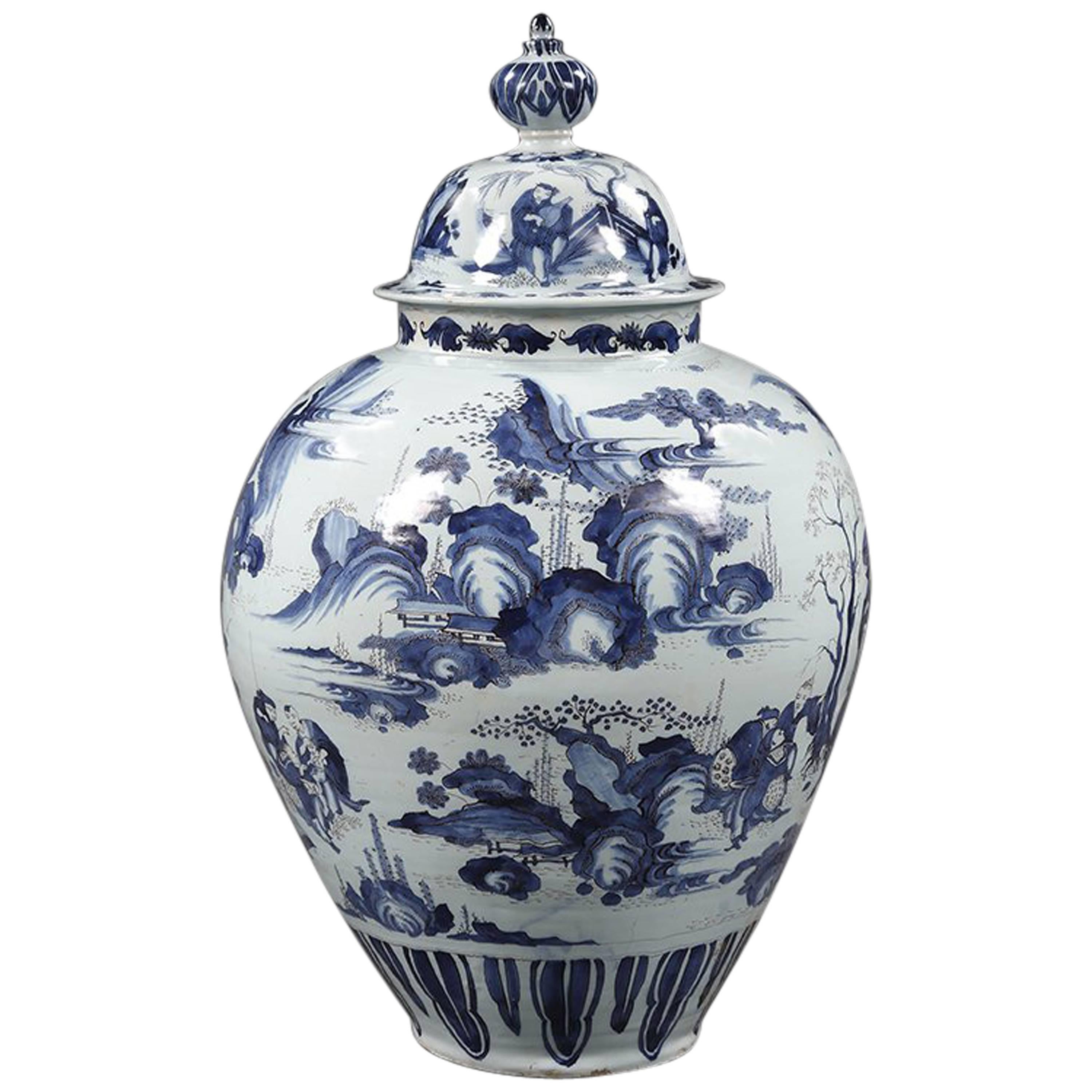 18th Century Frankfurt blue and white vase and cover