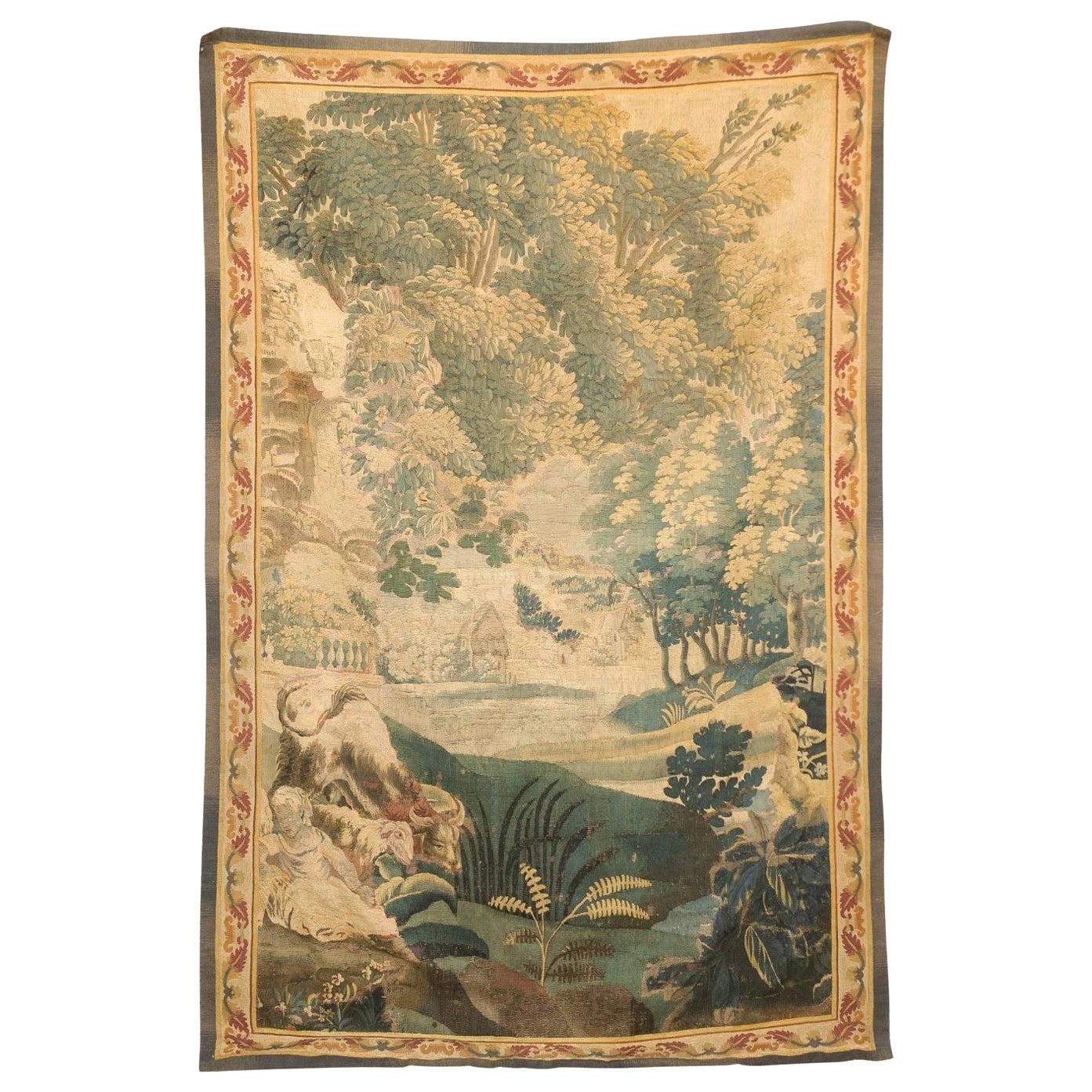 French Aubusson Tapestry with Pastoral Scene in Vertical Format, circa 1800 For Sale