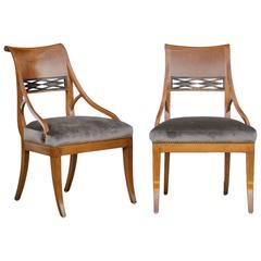 Pair of 19th Century Biedermeier Chairs with Grey Silk Velvet Upholstered Seats