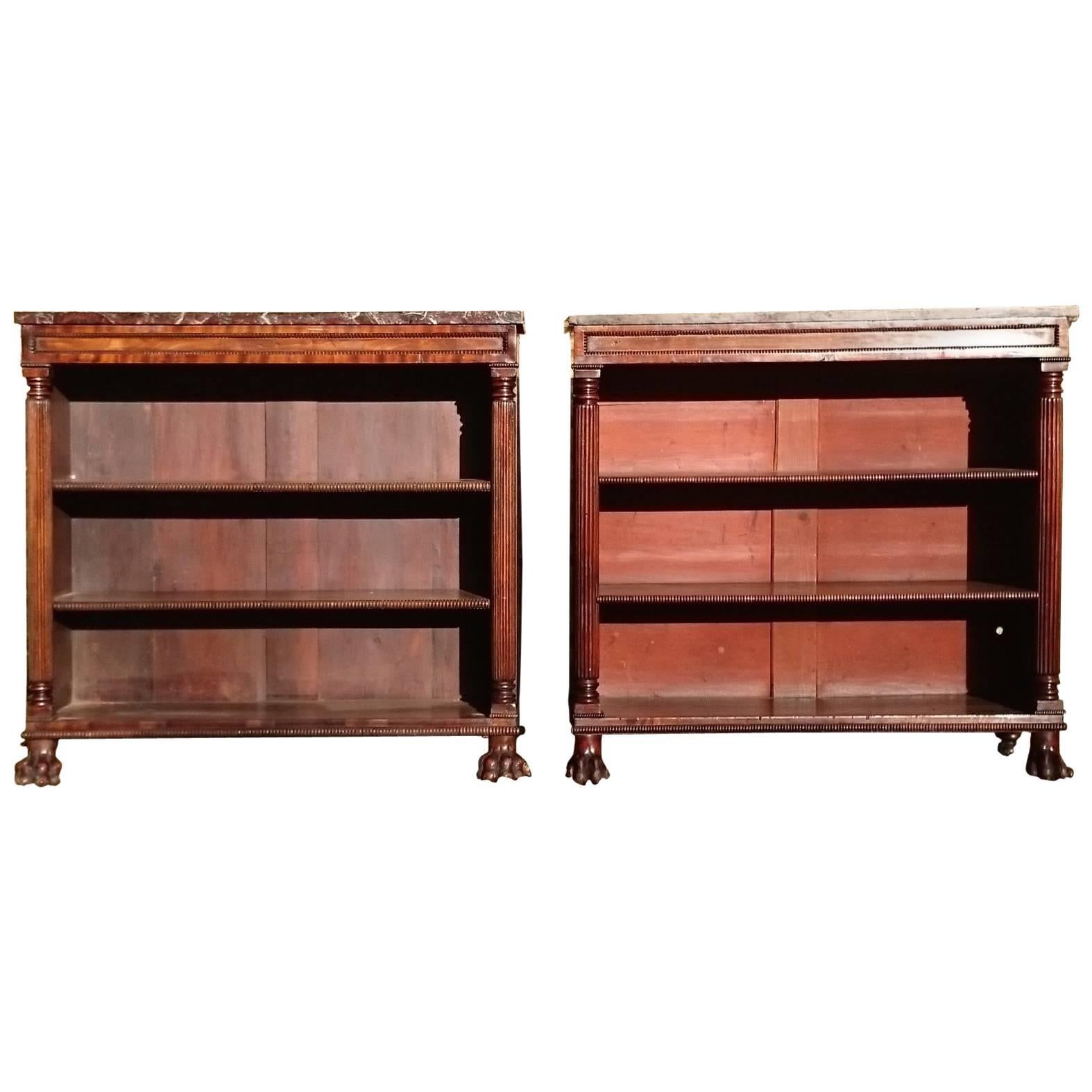 Very Fine and Rare Pair of 19th Century Regency Mahogany Marble Top Bookcases For Sale