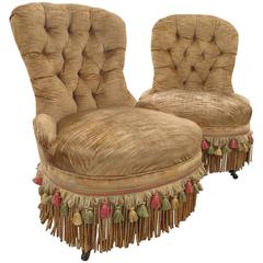 Antique Pair of 19th Century Tufted Slipper Chairs