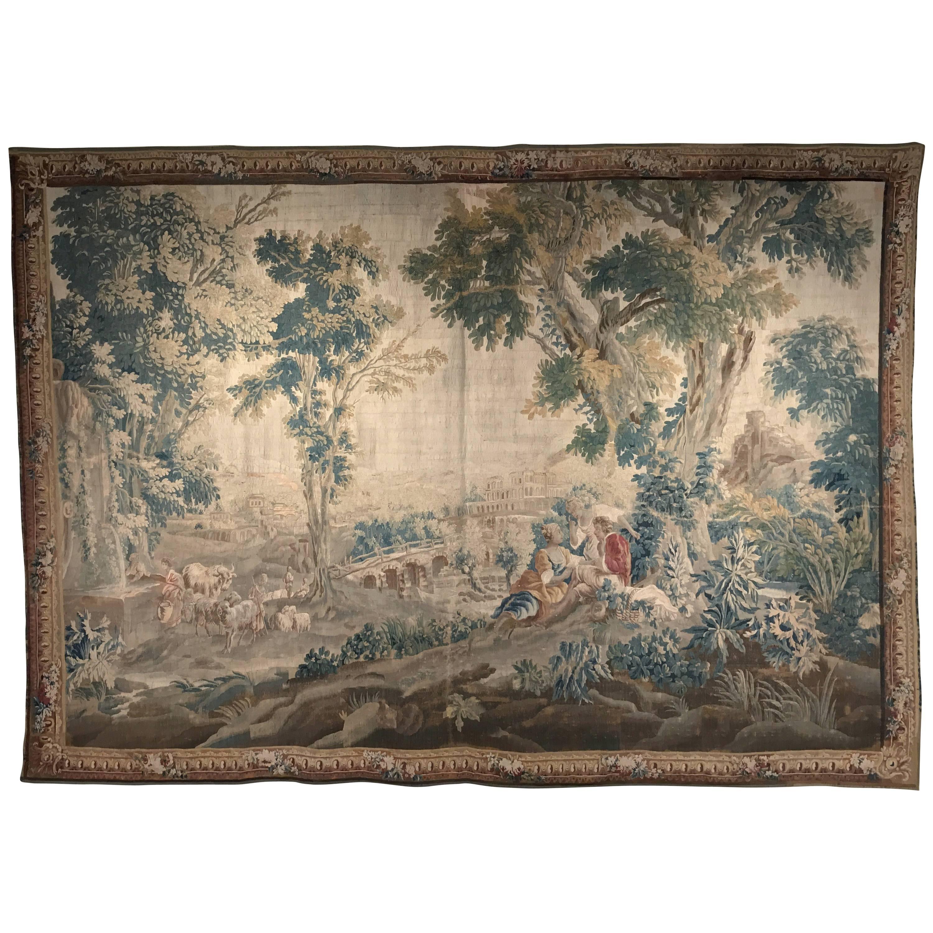 Large 18th Century French Aubusson Pastoral Tapestry in the Manner of Boucher