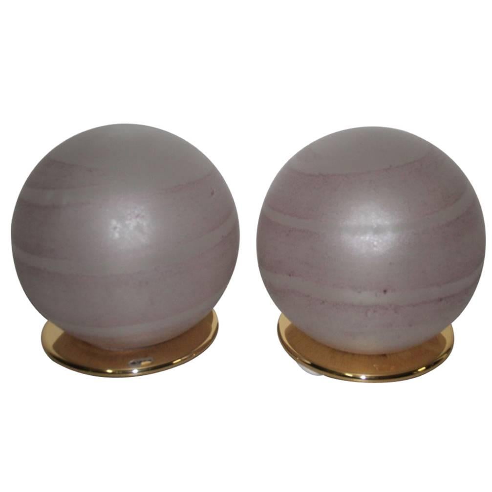 Pink Round Pair of Table Lamps VeArt 1970s Murano Glass Brass base 