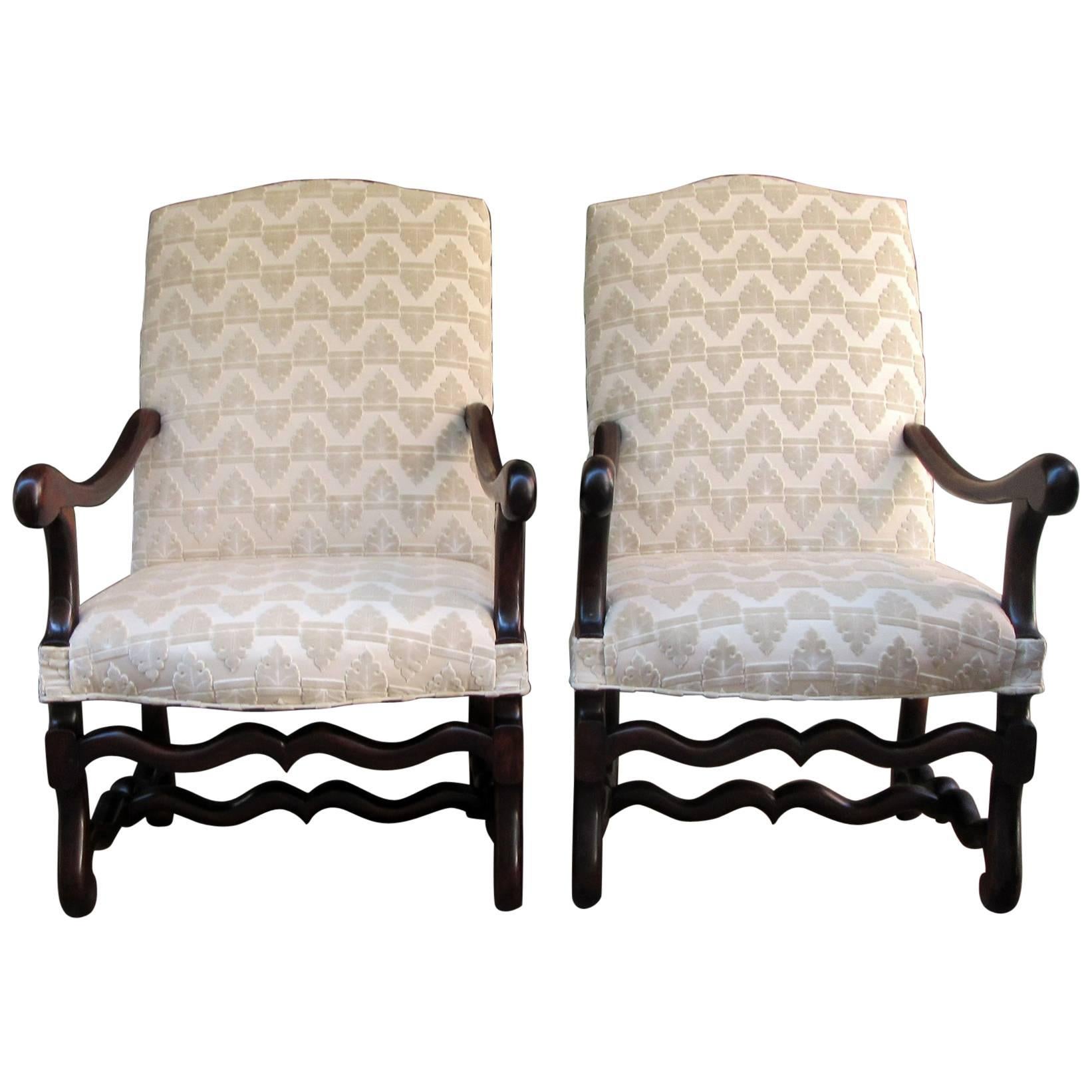 Pair of Early 19th Century French Os De Mouton Walnut Upholstered Armchairs