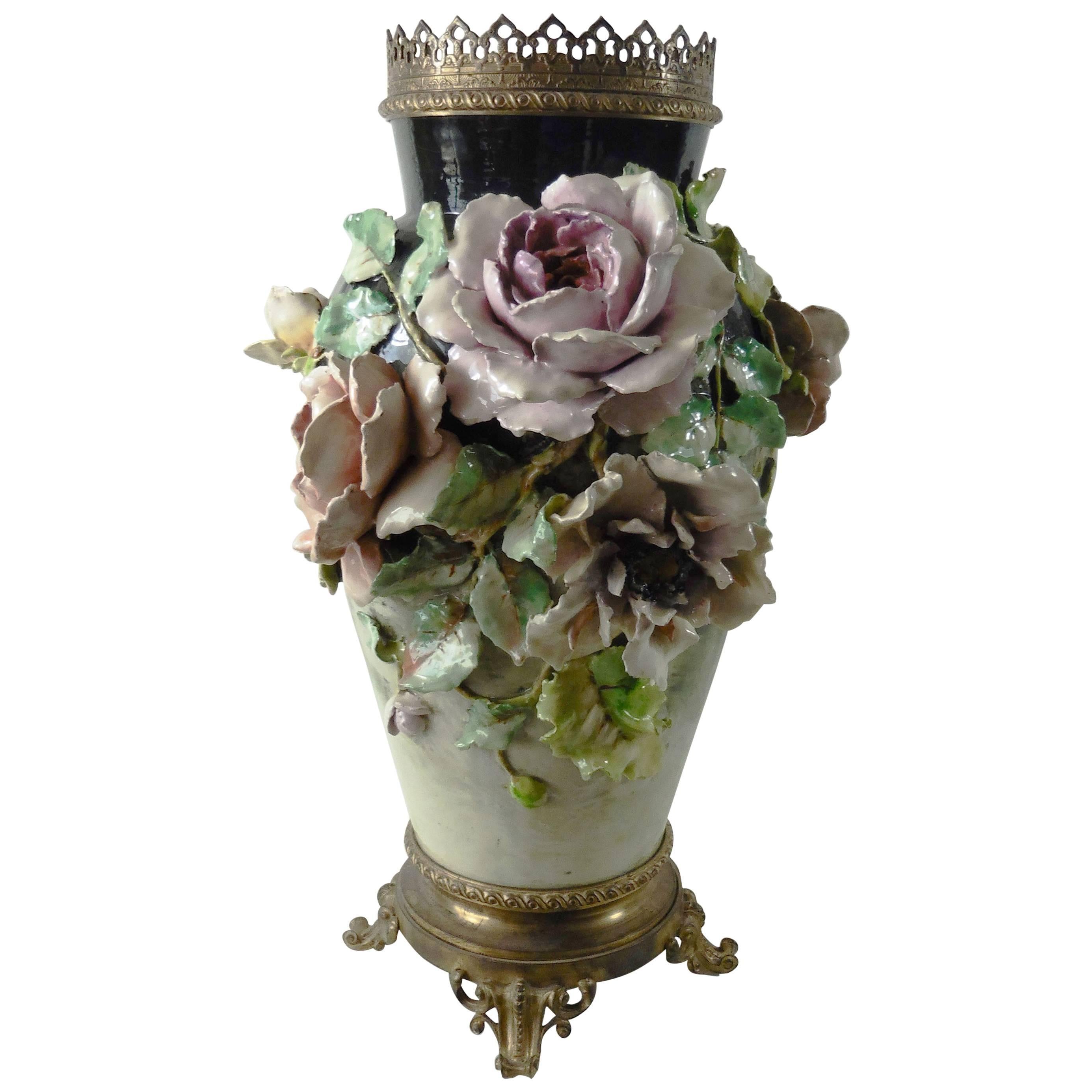19th Century Monumental Majolica Impressionist Flowers Vase Mounted Bronze