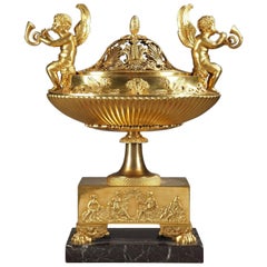 Antique French Empire Centerpiece Perfume Burner in Gilt Bronze and Marble
