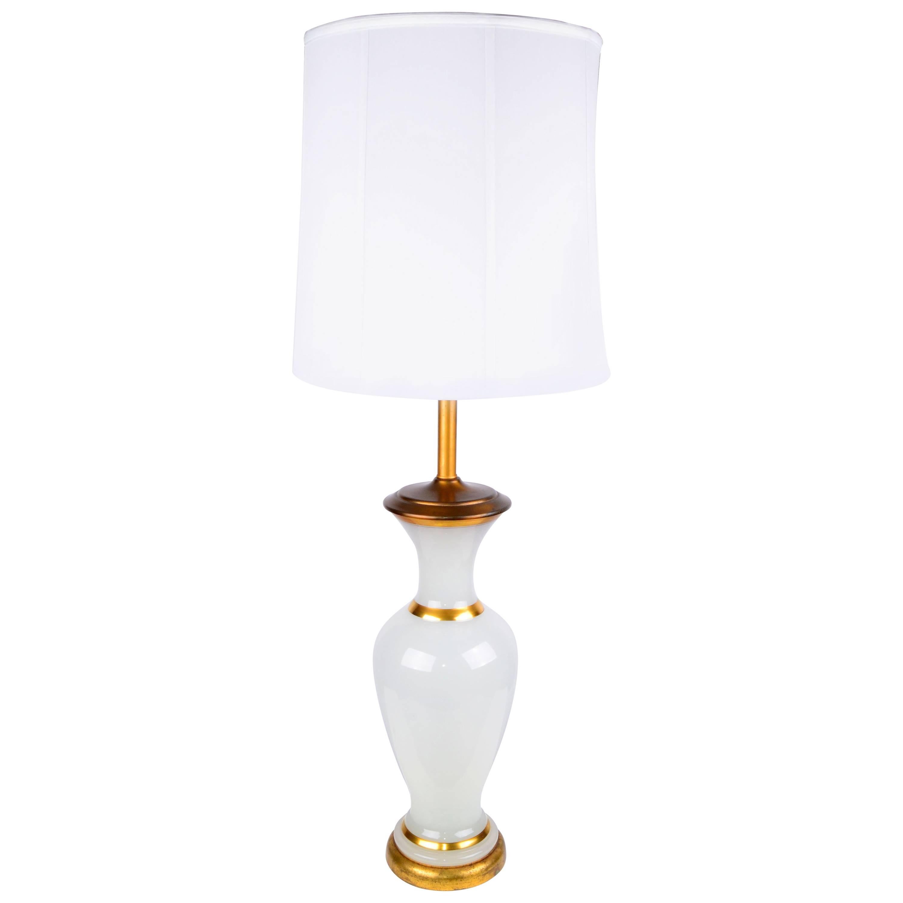 1950s Hollywood Regency Opal Glass and Brass Table Lamp For Sale