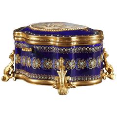 19th Century, Blue Bresse Enamel Jewelry Box with Gallant Scene