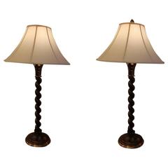 Pair of Twisted Wood and Brass Chapman Table Lamps