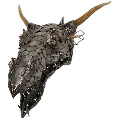 Dragon Head Scrap Metal and Antler 3D Wall Sculpture by Jason Startup