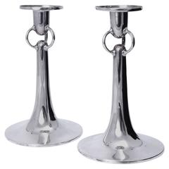 Solid Silver Pair of English Arts and Crafts Modernist Candlesticks