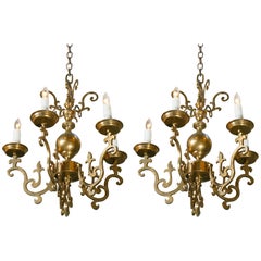 Near Pair Belgian Brass Georgian Style Chandeliers, circa 1900