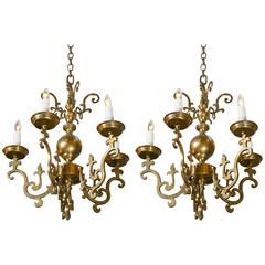 Near Pair of Brass Flemish Style Chandeliers from Belgium, circa 1900 11