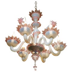 Pink and White Murano Blown Glass Chandelier with Flowers, circa 1940