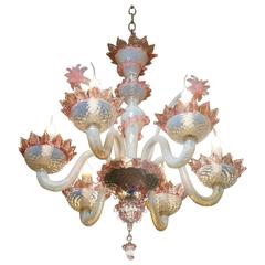 Pink and White Murano Blown Glass Chandelier with Flowers, circa 1940 5