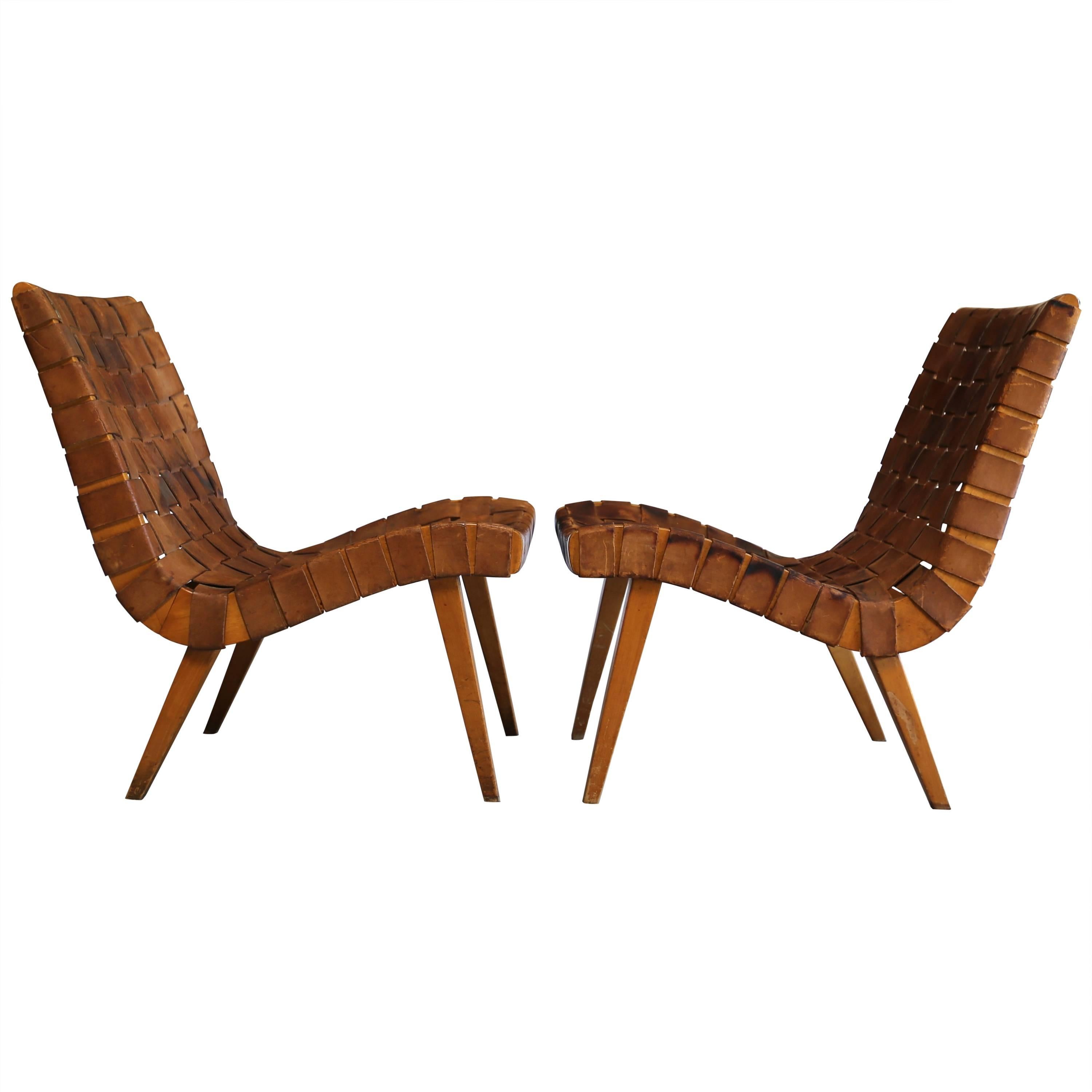Jens Risom Leather Strapped Lounge Chairs
