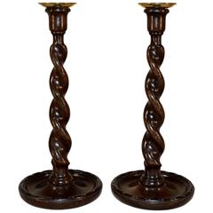 Late 19th Century, Pair of English Oak Candlesticks