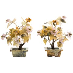 Pair of Asian Jade and Carved Stone Floral Arrangements